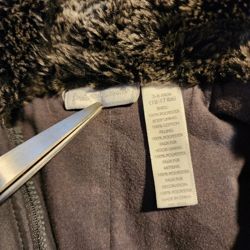 First Impressions Baby Gray Faux Fur Trim Hooded Pram Suit Bunting 3-6 Months